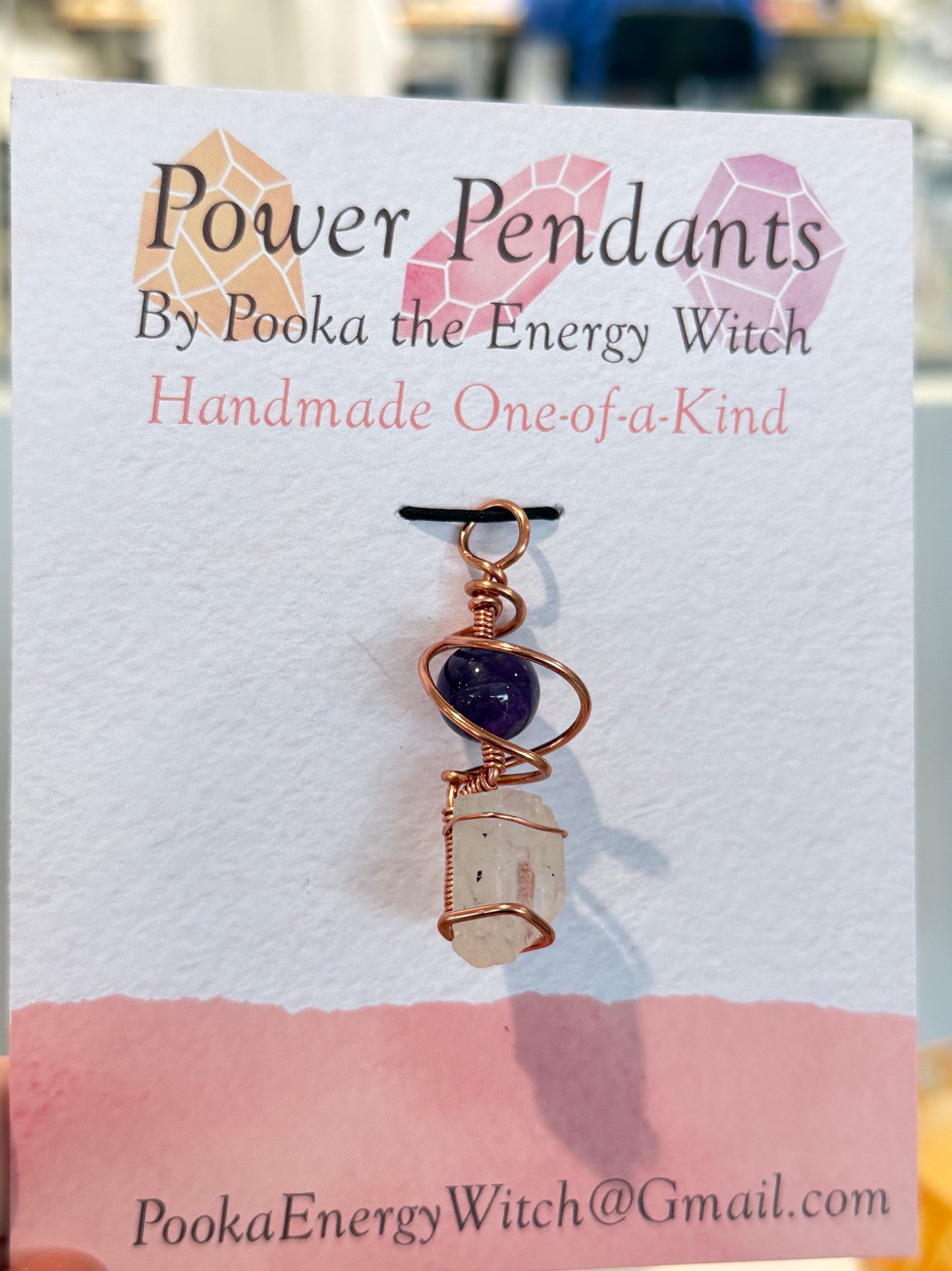 Pooka the Energy Witch - Copper Wire Wrap Pendant - Rainbow Moonstone & Amethyst