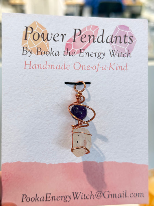 Pooka the Energy Witch - Copper Wire Wrap Pendant - Rainbow Moonstone & Amethyst