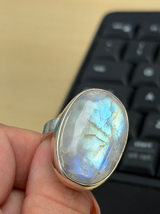 Large Rainbow Moonstone Ring - Sterling Silver