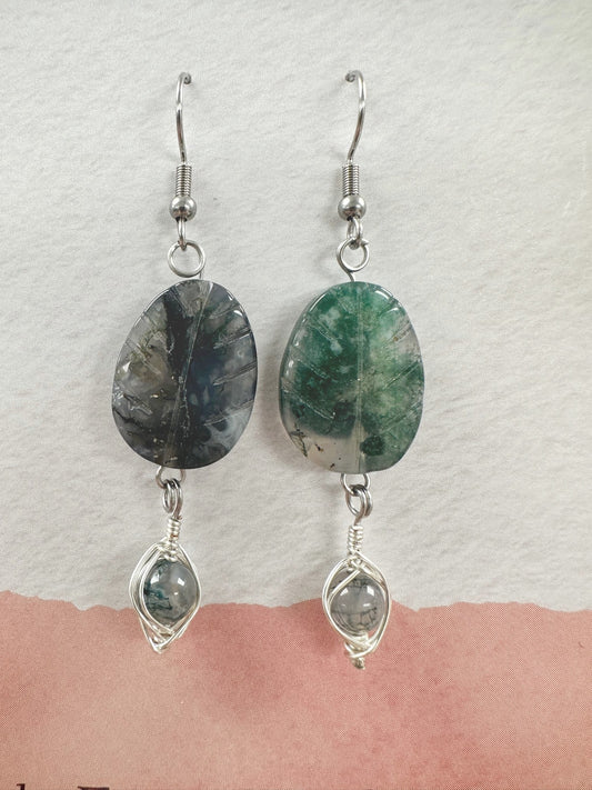 Pooka the Energy Witch - Wire Wrap Leaf Earrings - Moss Agate