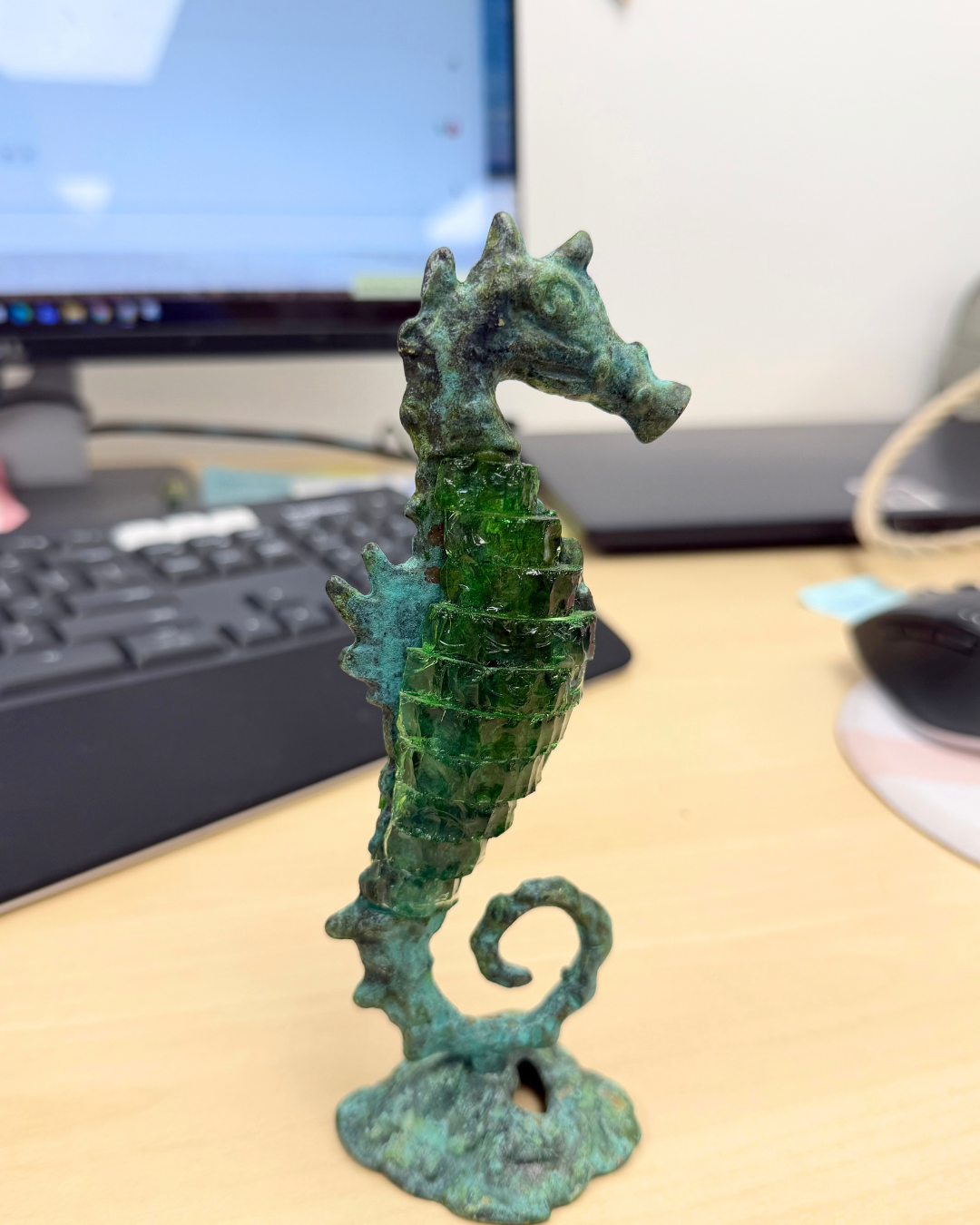 Small Santorini Bronze Petina Green Glass Seahorse