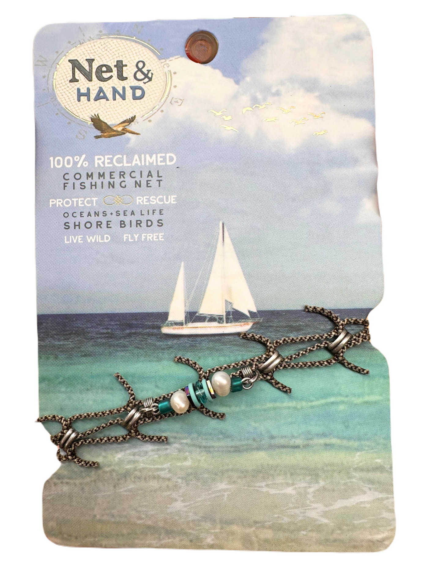 Net & Hand Reclaimed Fishing Net Bracelet - Teal and Pearl Design