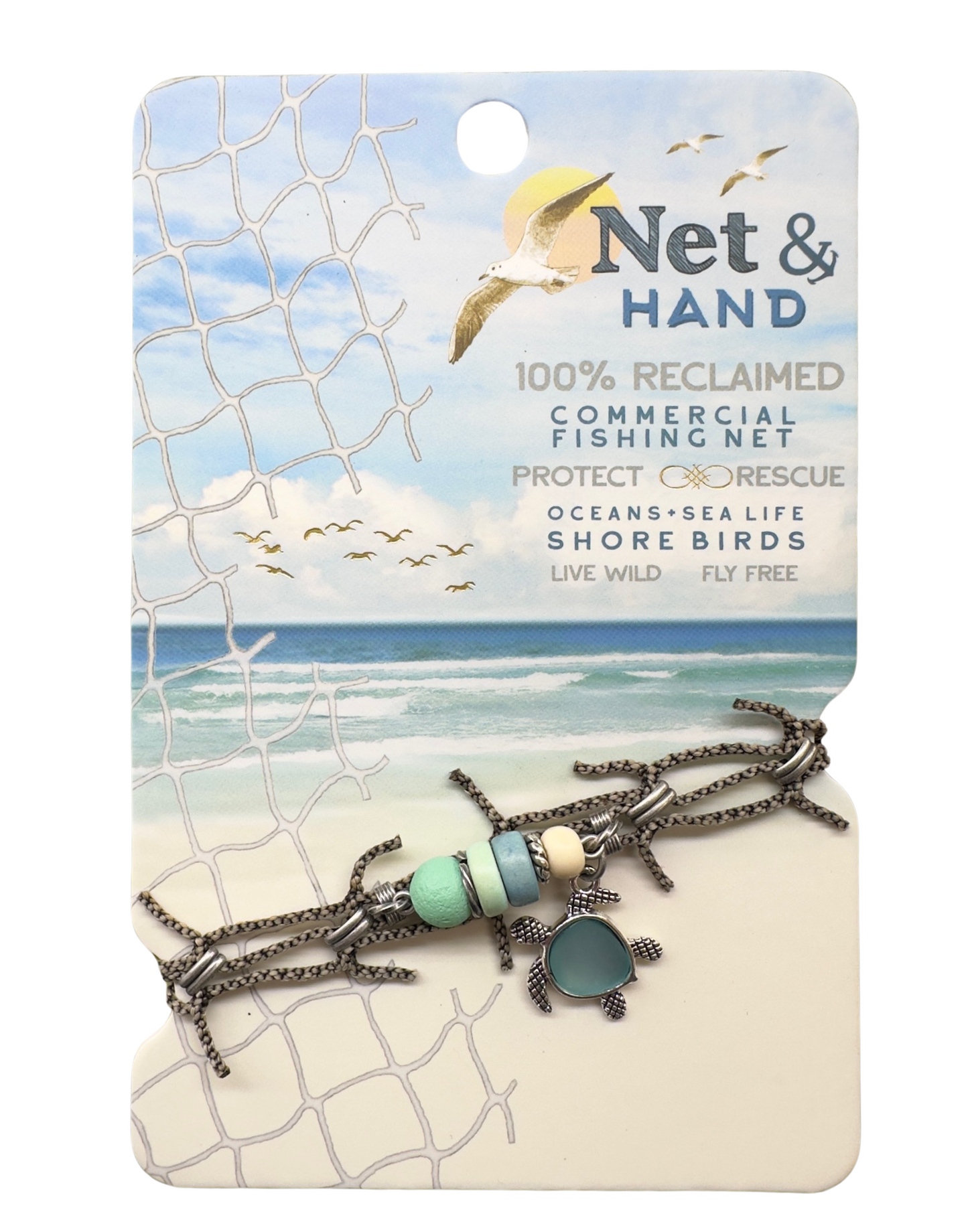 Net & Hand Reclaimed Fishing Net Bracelet - Sea Glass Turtle