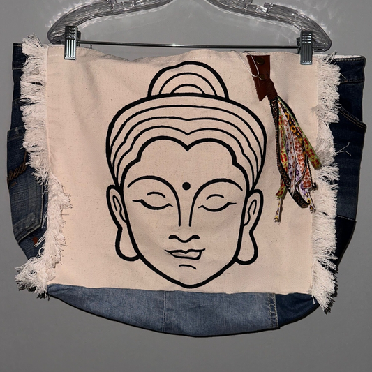 Recycled Jeans Tote Bag - Buddah Face