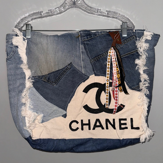 Recycled Jeans Tote Bag - Chanel Logo