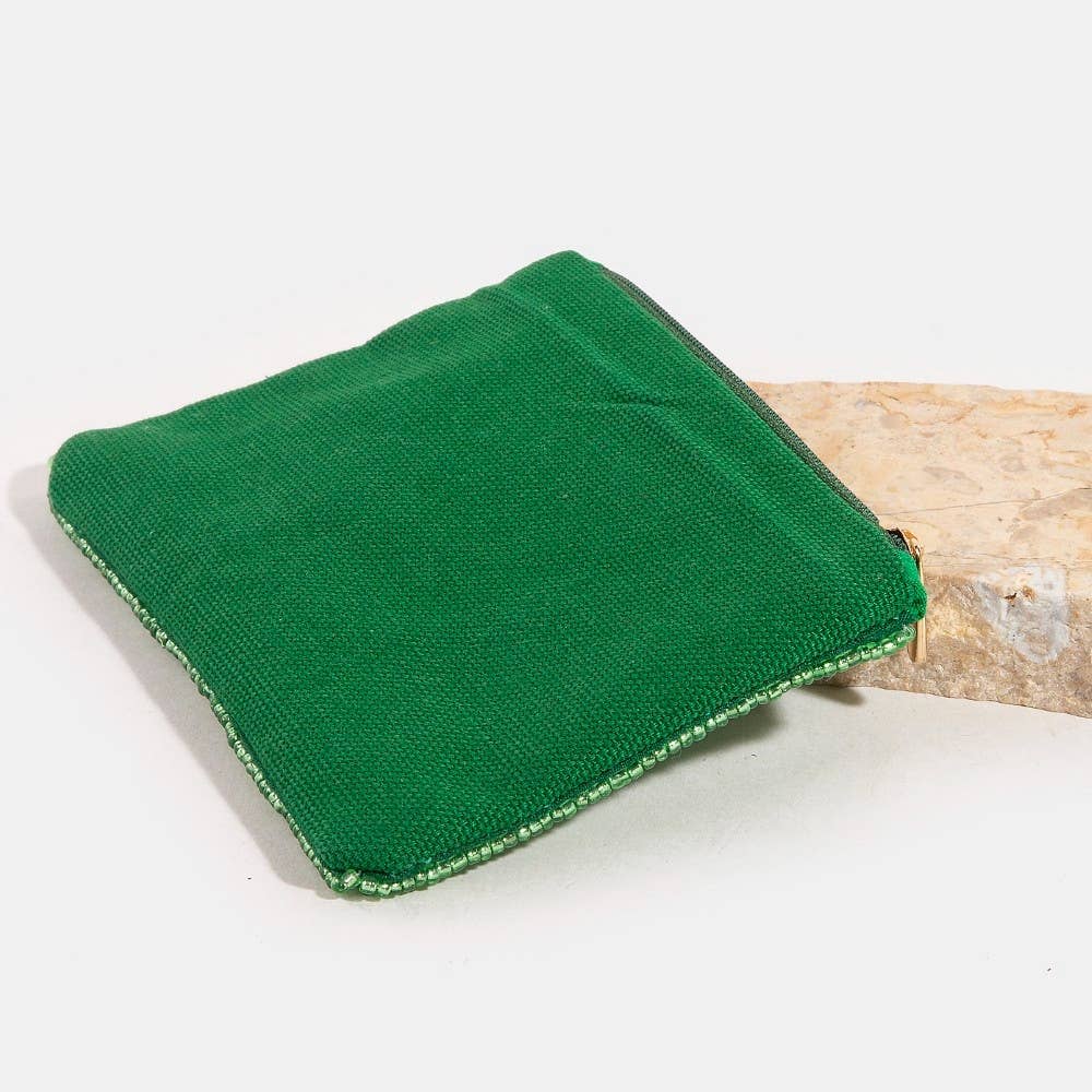 Green Floral Seed Beaded Coin Purse