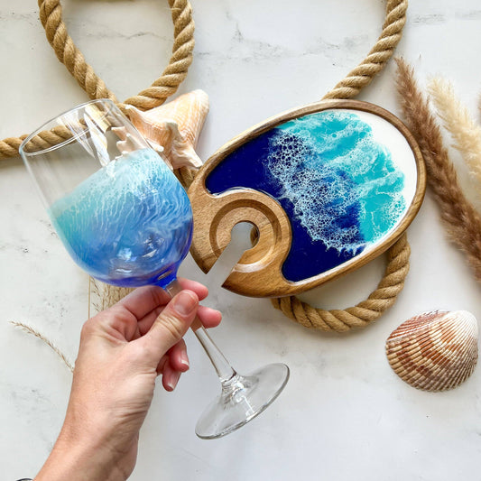 Citrus Waves Art - Personal Charcuterie Board with Wine Glass Holder