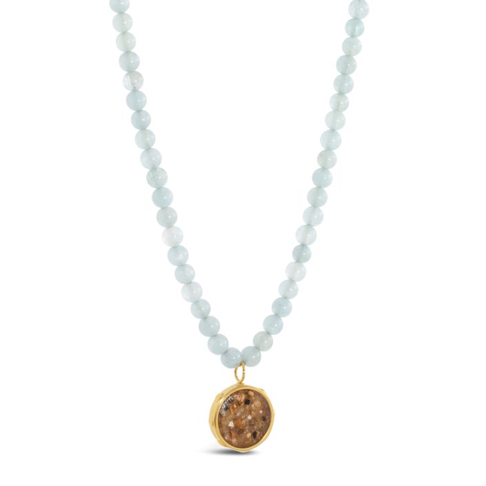 Aquamarine Beaded Necklace by Camille Kostek with Pendant ft. Sand from Vik Beach, Iceland