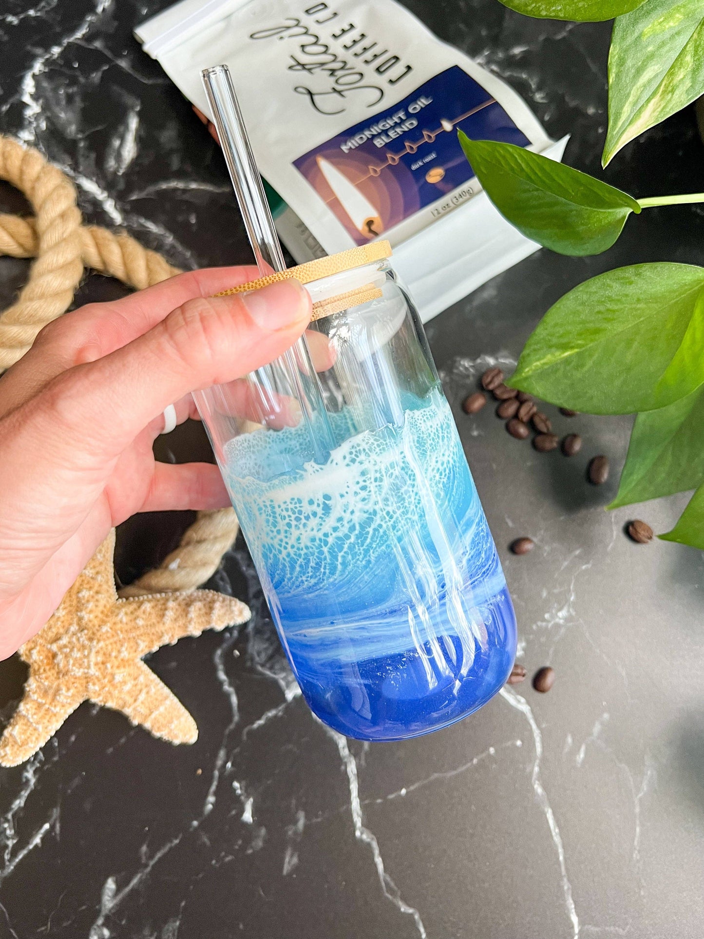 Citrus Waves Art - Iced Coffee Glass with glass straw (16oz)