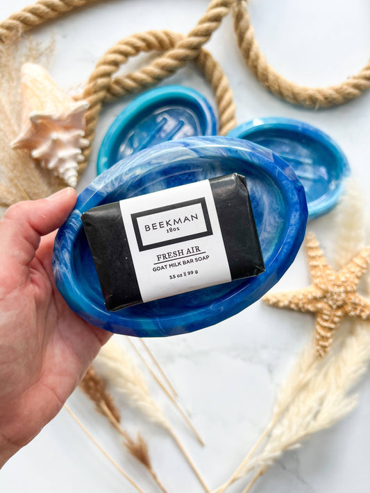 Citrus Waves Art - Oval Soap Dish: Blue & White