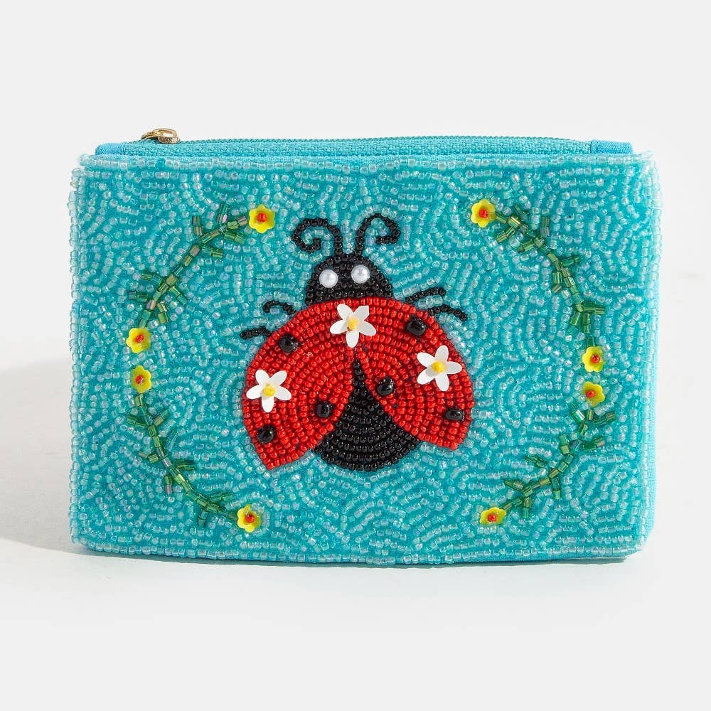 Floral Lady Bug Seed Beaded Coin Purse