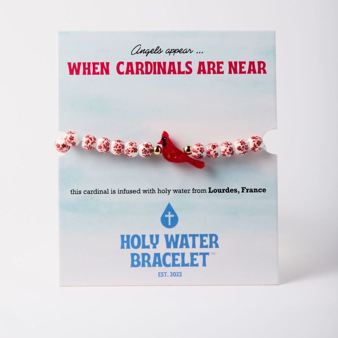 Holy Water Bracelet - HOLY WATER PORCELAIN RED CARDINAL BRACELET: Stainless Steel Spacer Beads