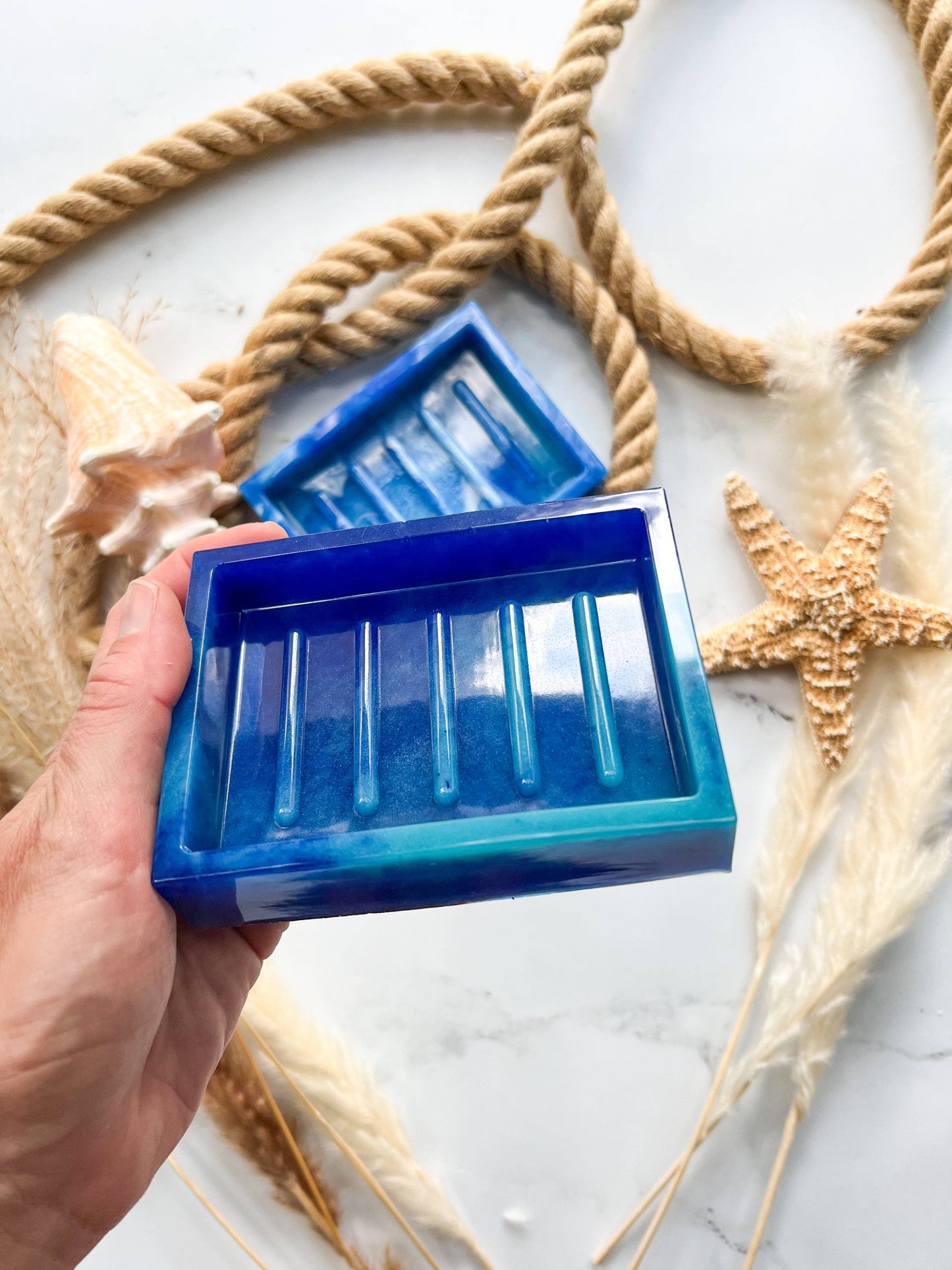 Citrus Waves Art - Rectangle Soap Dish: Blue & White