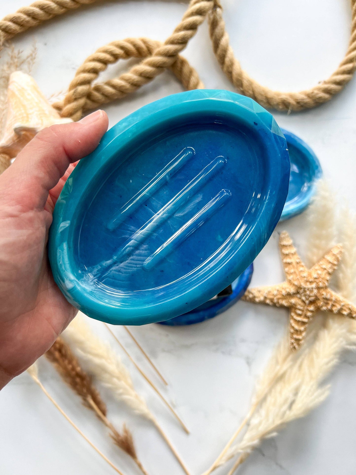 Citrus Waves Art - Oval Soap Dish: Blue & White