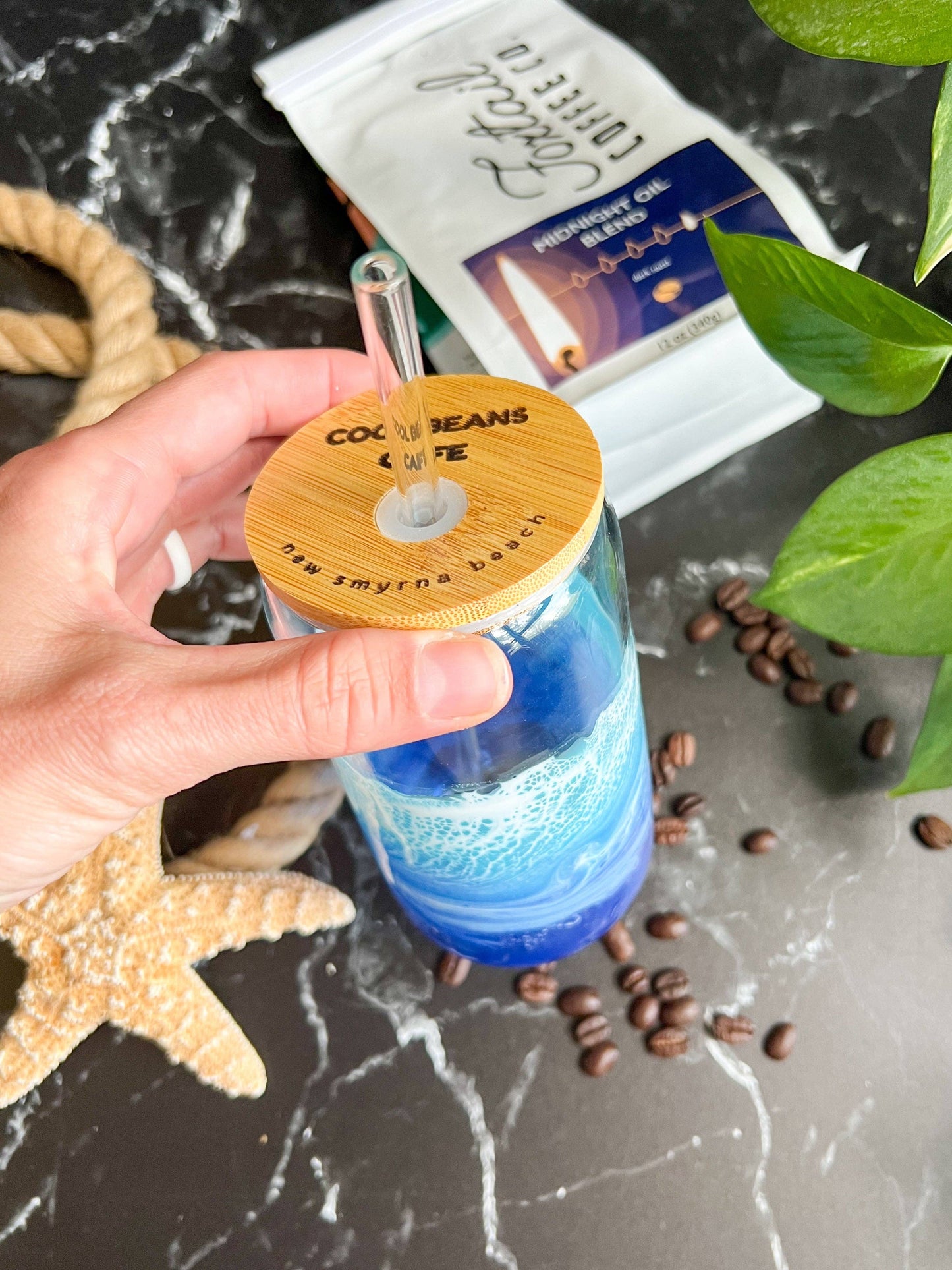 Citrus Waves Art - Iced Coffee Glass with glass straw (16oz)