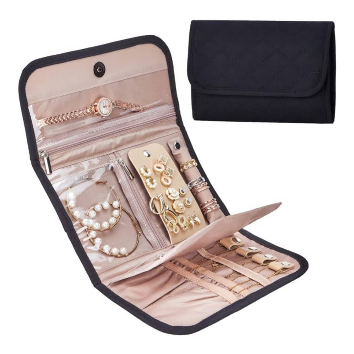 Foldable Travel Jewelry Organizer Roll - Black