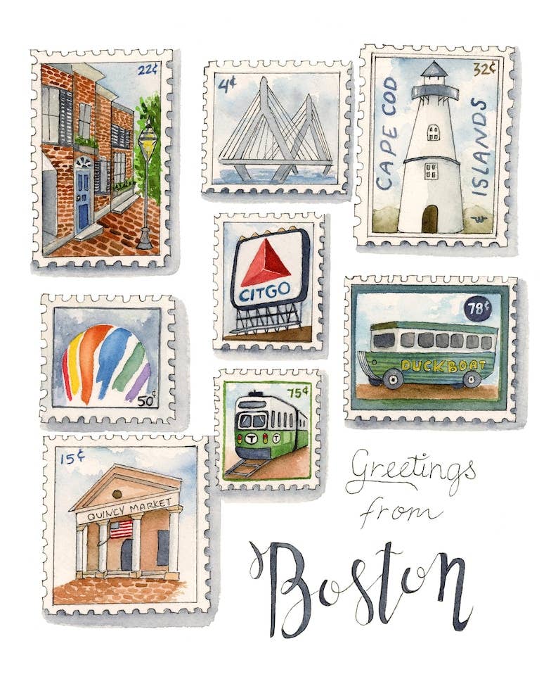 Fiona and Honey Designs - Boston Stamp Illustration Watercolor Paintings
