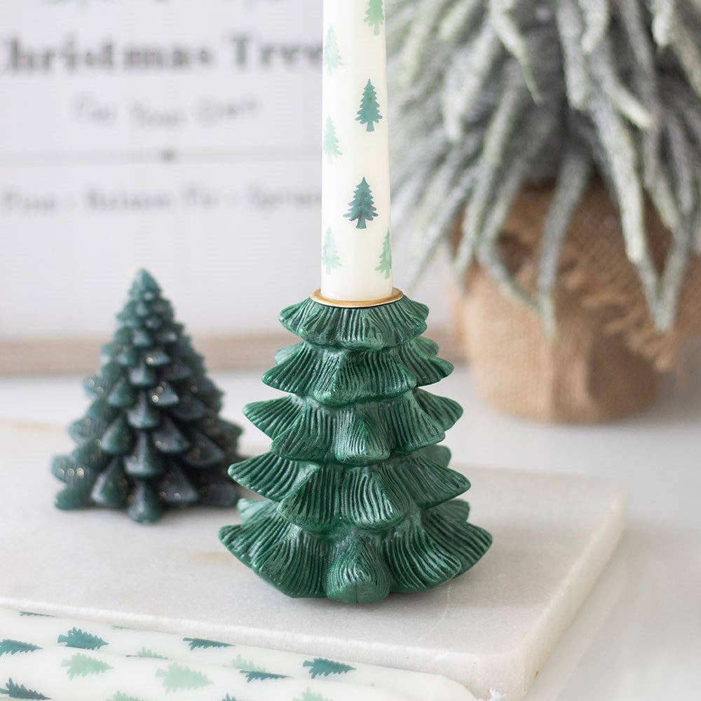 Green Fir Tree Christmas Candle Holder for Taper Candles