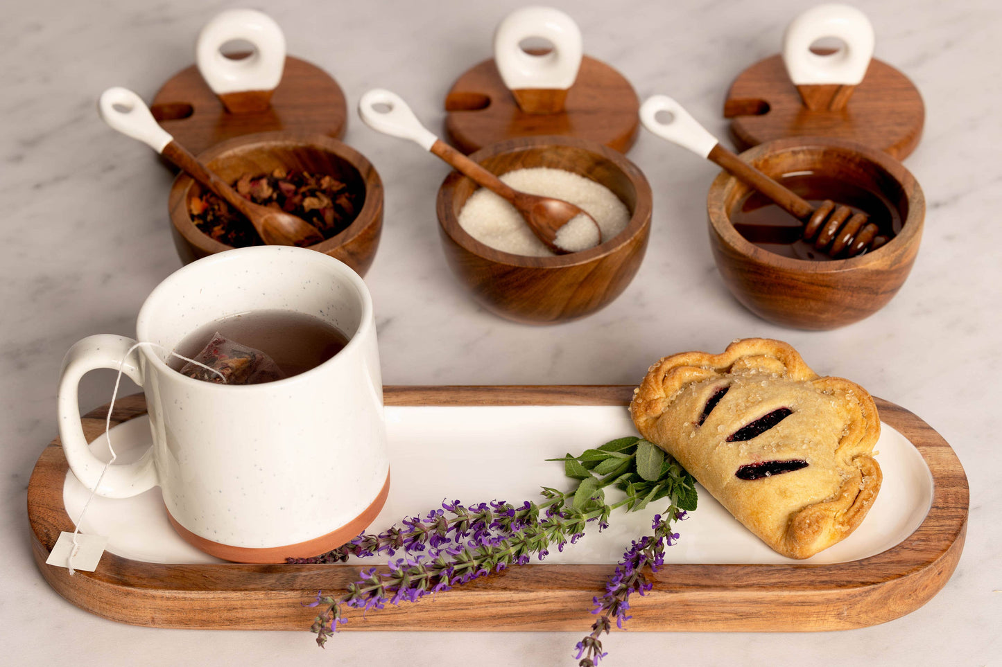 Jeanne Fitz - Wood + White Acacia Wood 3 dipping bowls, tray, and spoons
