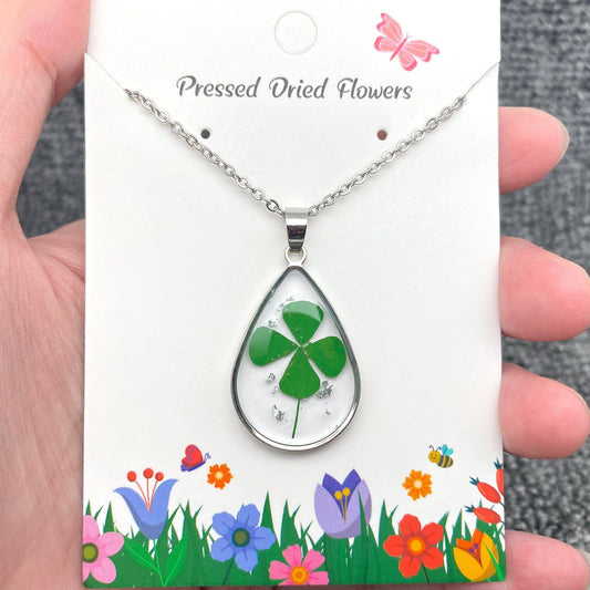 Mio Queena - Four Leaf Clover Drop Charm Stainless Steel Necklace