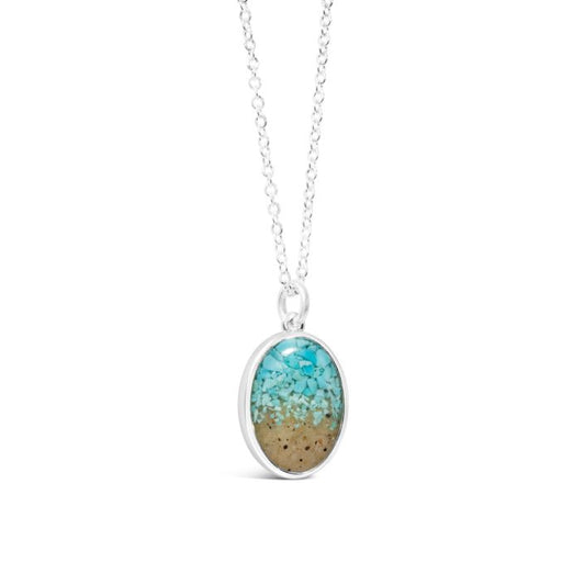 Explorer Oval Necklace - Silver - Turquoise Gradient with sand from Long Sands Beach in York, Maine
