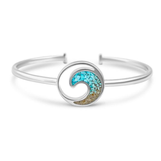 Explorer Wave Cuff Bracelet - Silver - Turquoise Gradient with sand from Beaches of Cape Cod