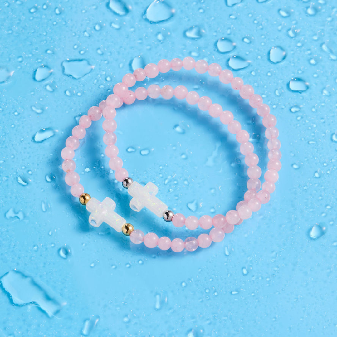 Holy Water Bracelet - HOLY WATER ROSE QUARTZ CROSS BRACELET : Stainless Steel Spacer Beads