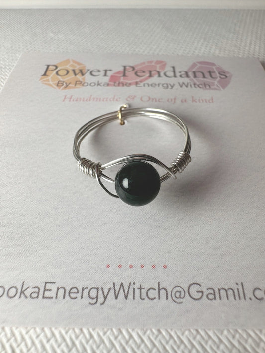 Pooka the Energy Witch - Wire Wrap Ring - Silver Colored Wrap  - Moss Agate