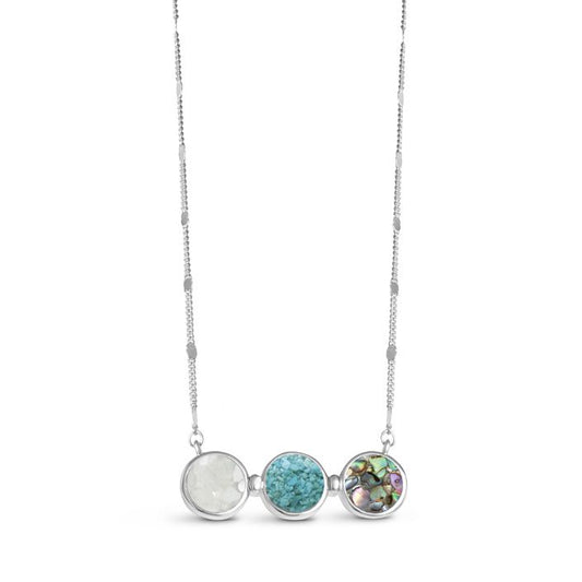 Triple Bezel Organic Stationary Necklace - Mother of Pearl, Turquoise, Abalone