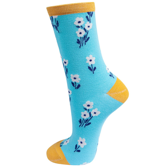 Sock Talk - Bamboo Socks Womens Floral Ankle Socks Wild Flowers Blue