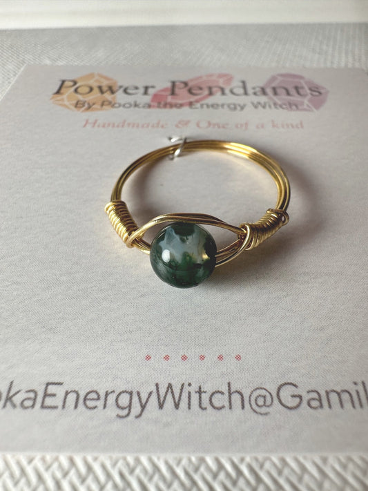 Pooka the Energy Witch - Wire Wrap Ring - Gold Colored Wrap  - Moss Agate